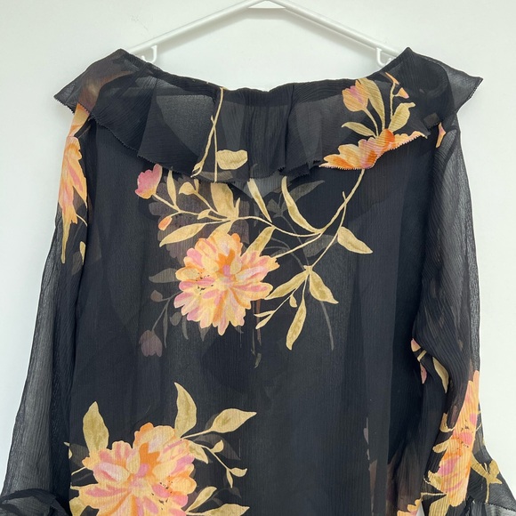 Polo Ralph Lauren (S) 100% Silk Floral Ruffle Sheer Black Work Career Blouse - Picture 10 of 12